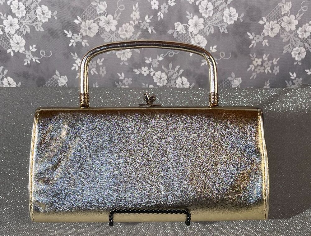 Vintage 60s Gold Metallic Evening Bag Purse Structured Frame Top Handle Formal